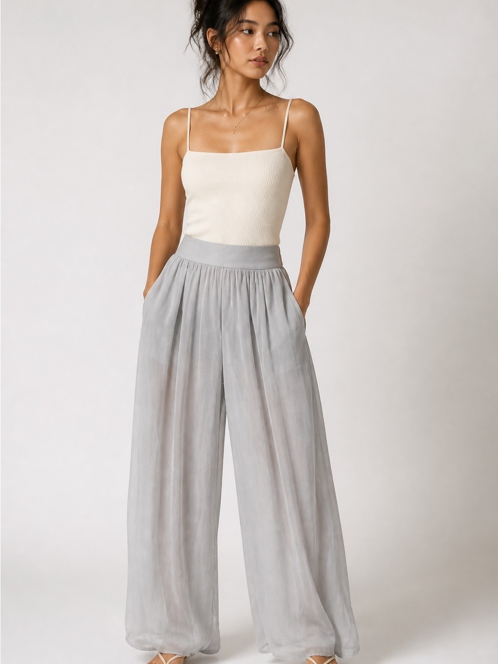 Tempo Paris Light Gray Wide-Leg Palazzo Pants - Picture 2 of 12